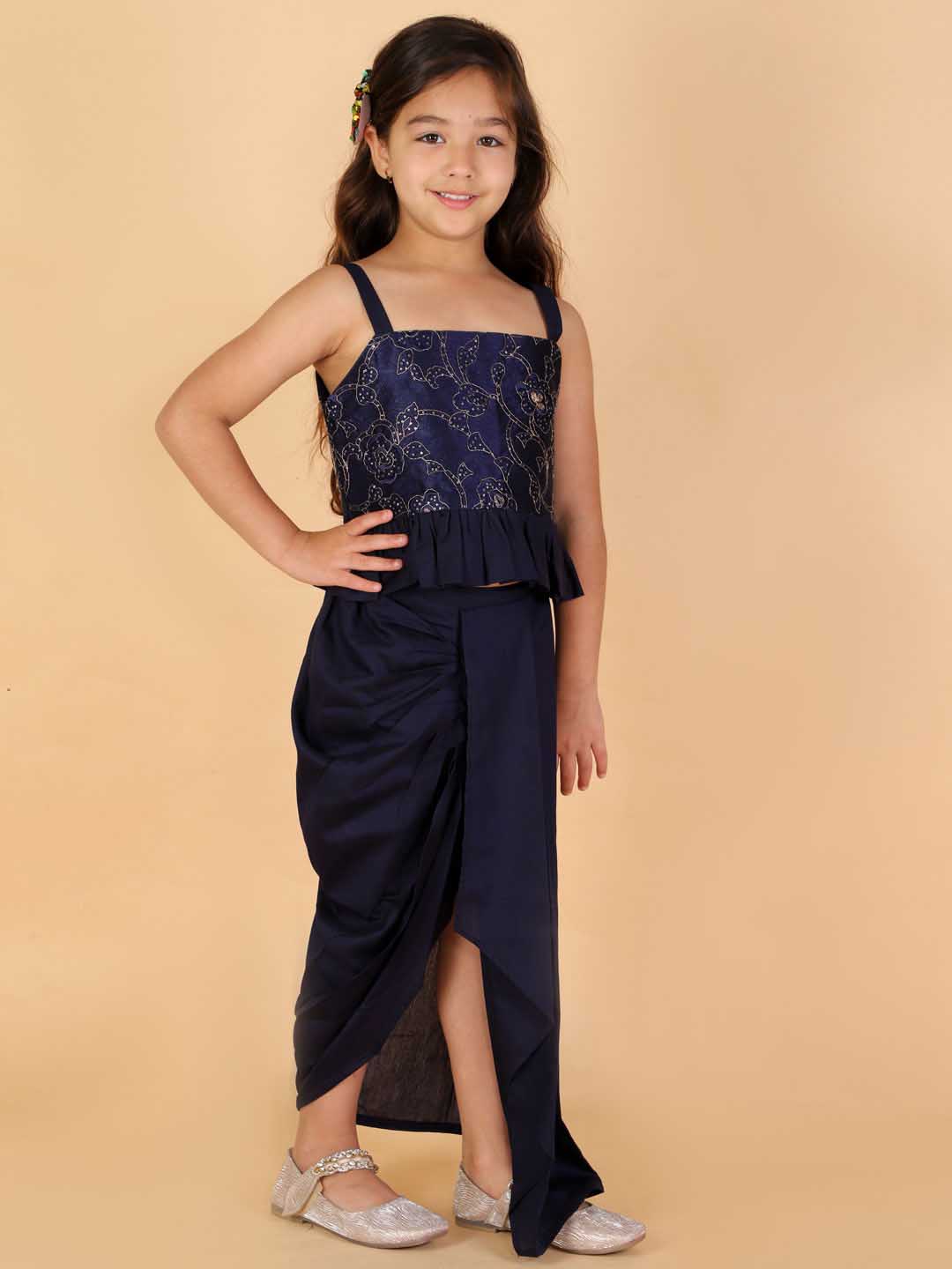 Girl's Navy Blue Draped Skirt With Crop Top