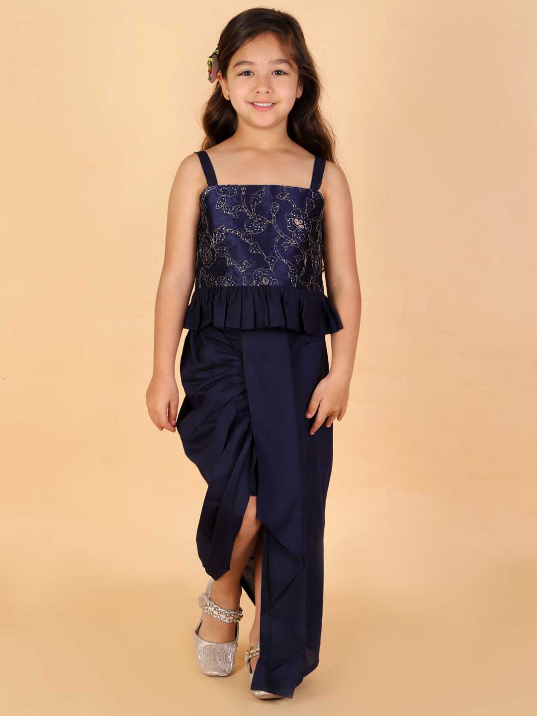Girl's Navy Blue Draped Skirt With Crop Top
