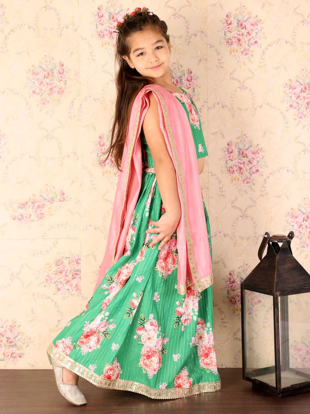 Girl's Green Embellished Lehenga Set