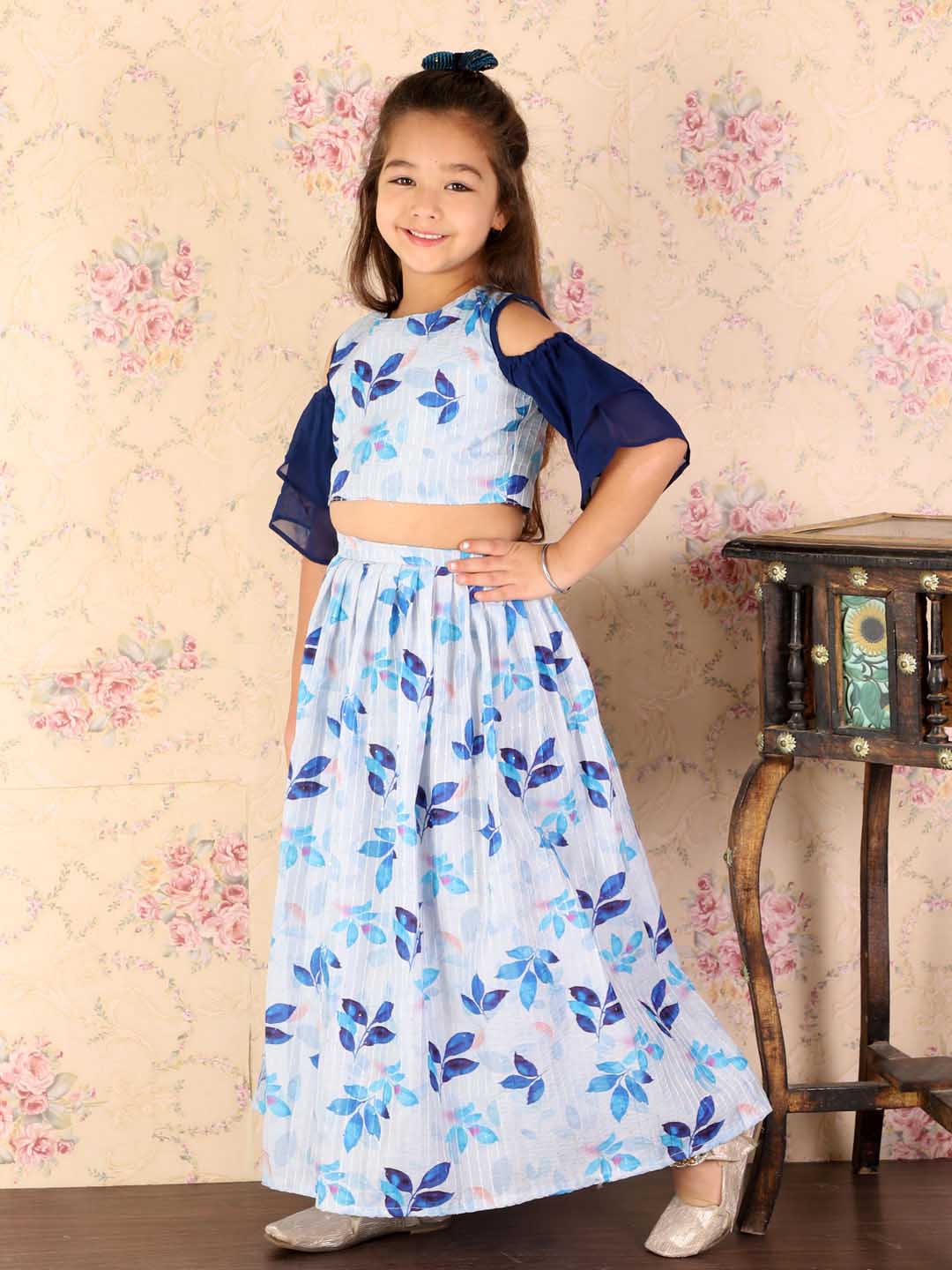 Girl's Blue Printed Crop Top & Embellished Long Skirt Set