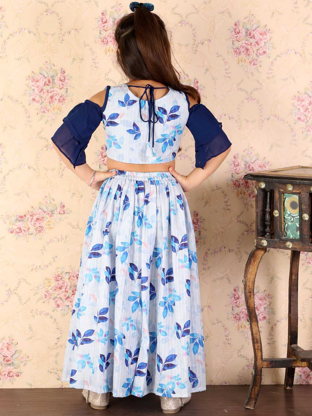 Girl's Blue Printed Crop Top & Embellished Long Skirt Set