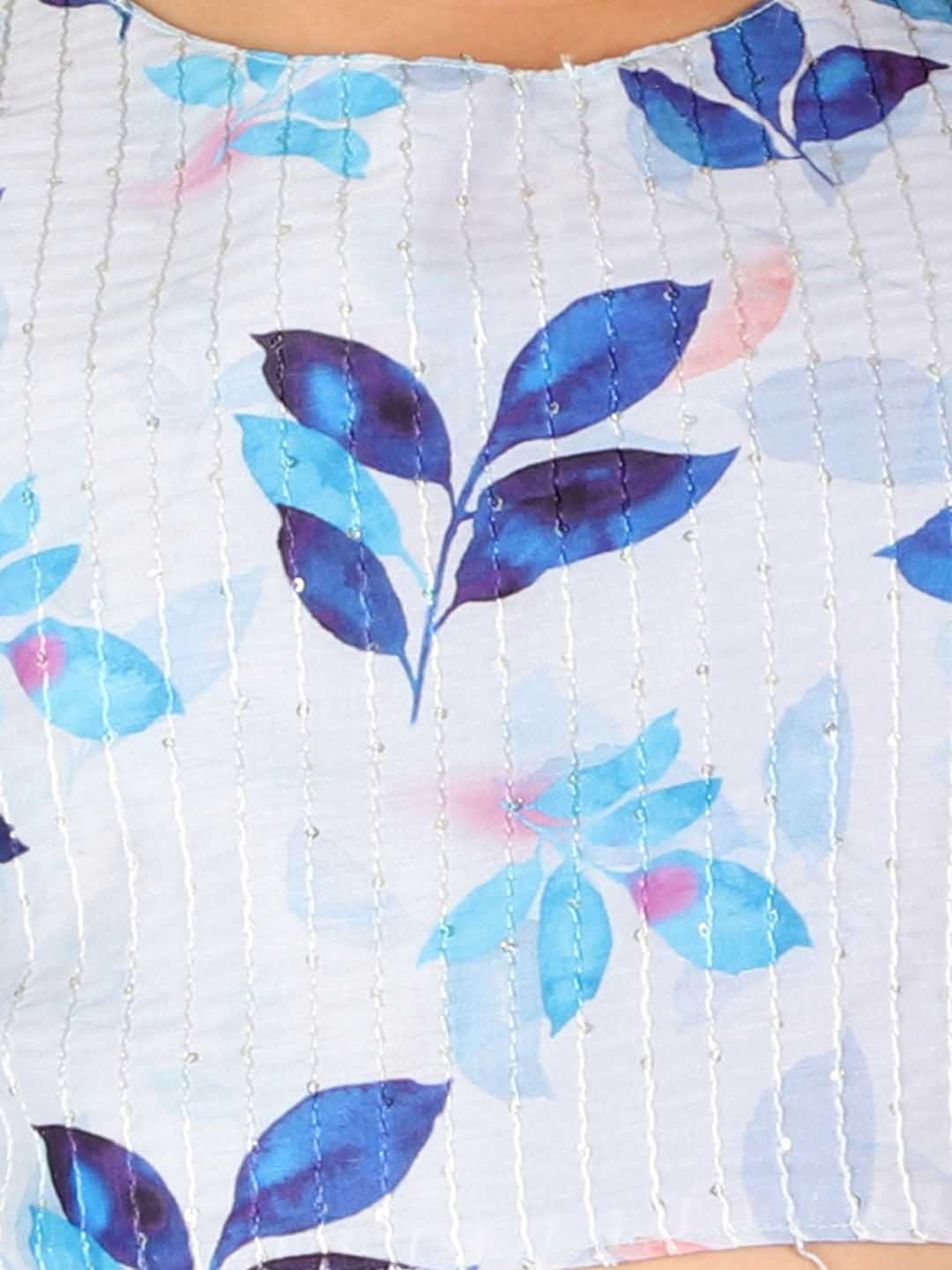 Girl's Blue Printed Crop Top & Embellished Long Skirt Set