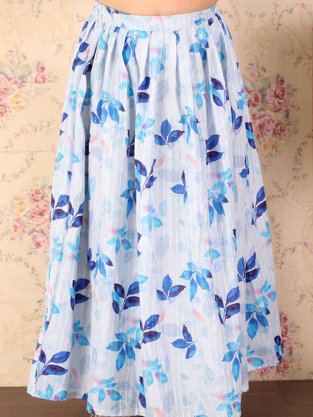 Girl's Blue Printed Crop Top & Embellished Long Skirt Set