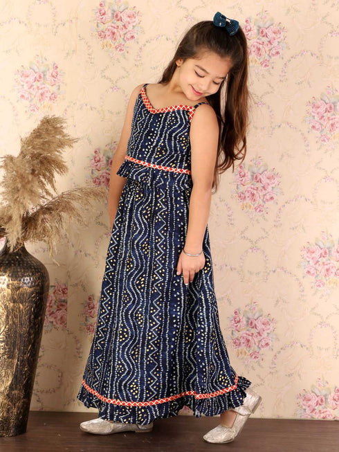 Girl's Blue Bandhani Top And Long Skirt Set