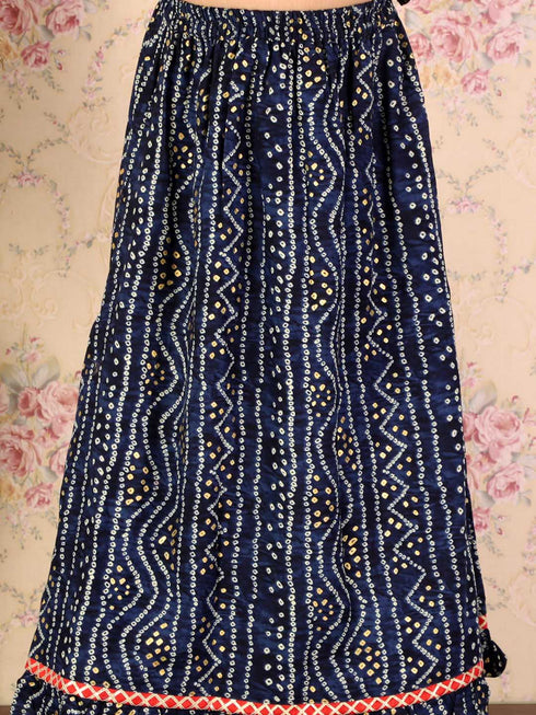 Girl's Blue Bandhani Top And Long Skirt Set