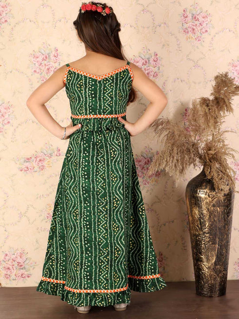 Girl's Green Bandhani Top And Long Skirt Set