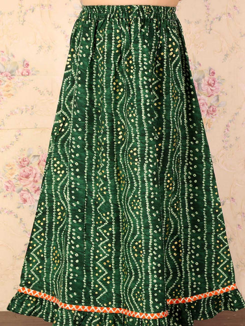 Girl's Green Bandhani Top And Long Skirt Set