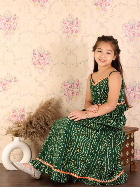 Girl's Green Bandhani Top And Long Skirt Set