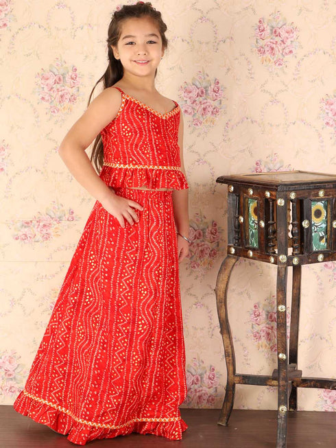 Girl's Maroon Bandhani Top And Long Skirt Set