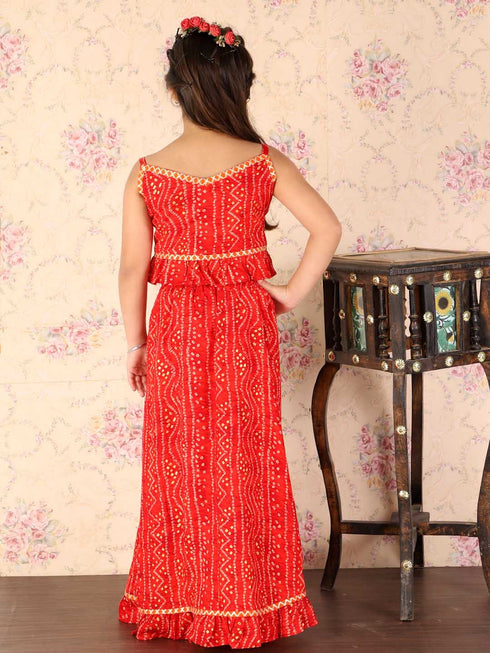 Girl's Maroon Bandhani Top And Long Skirt Set