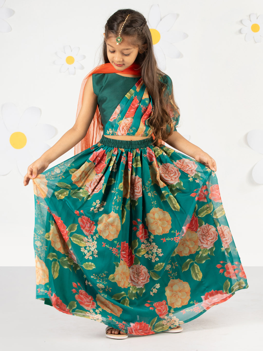 Girl's' Green Printed Organza Lehenga With Dupatta Set