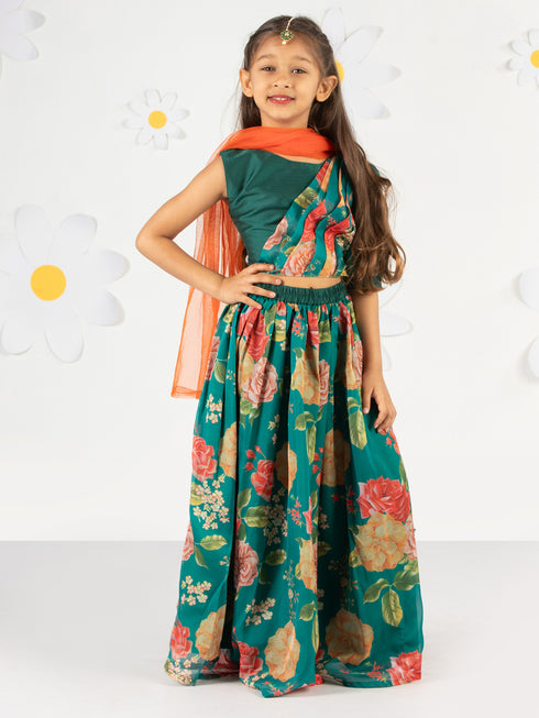 Girl's' Green Printed Organza Lehenga With Dupatta Set