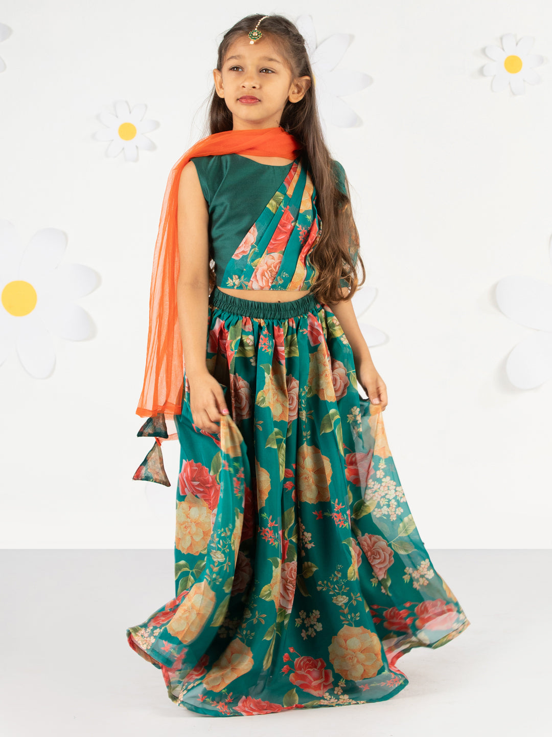 Girl's' Green Printed Organza Lehenga With Dupatta Set