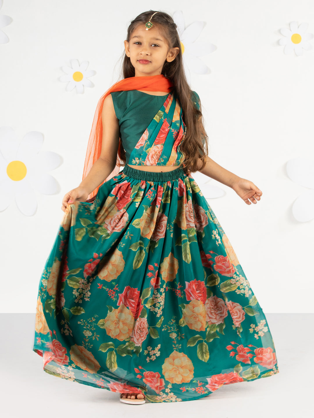Girl's' Green Printed Organza Lehenga With Dupatta Set