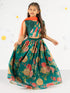 Girl's' Green Printed Organza Lehenga With Dupatta Set
