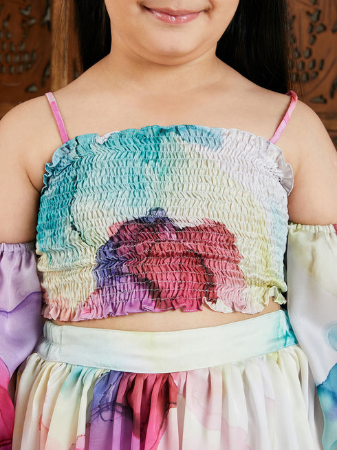 Girl's Multicolor Printed Satin Two Piece Set