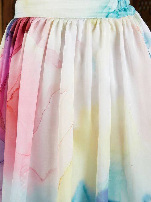 Girl's Multicolor Printed Satin Two Piece Set