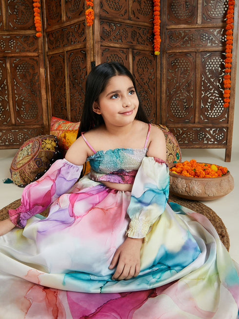 Girl's Multicolor Printed Satin Two Piece Set