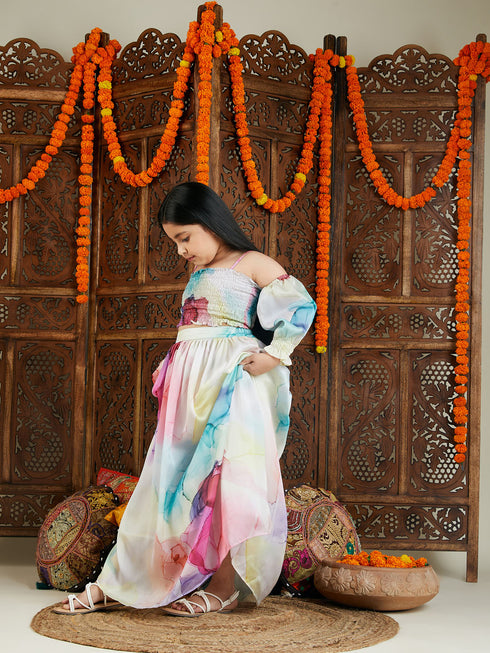 Girl's Multicolor Printed Satin Two Piece Set