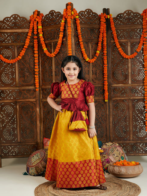 Girl's' Mustard And Maroon Lehenga Set