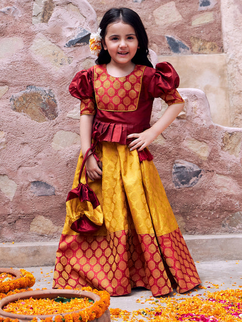 Girl's' Mustard And Maroon Lehenga Set