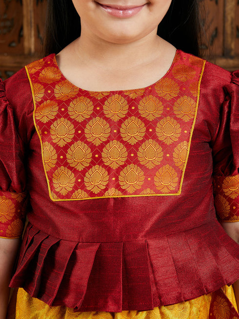 Girl's' Mustard And Maroon Lehenga Set