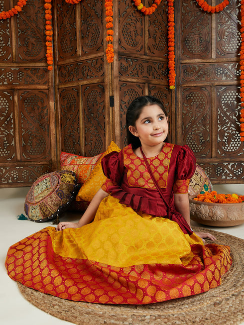 Girl's' Mustard And Maroon Lehenga Set