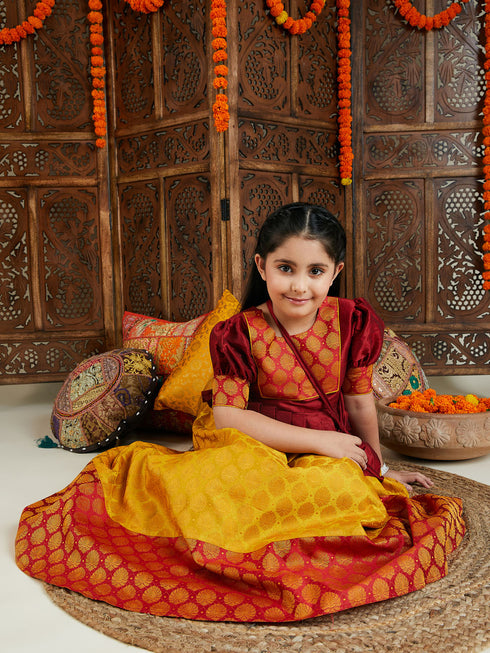 Girl's' Mustard And Maroon Lehenga Set