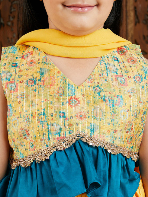 Girl's' Yellow Silk Blend Embellished Lehenga Set