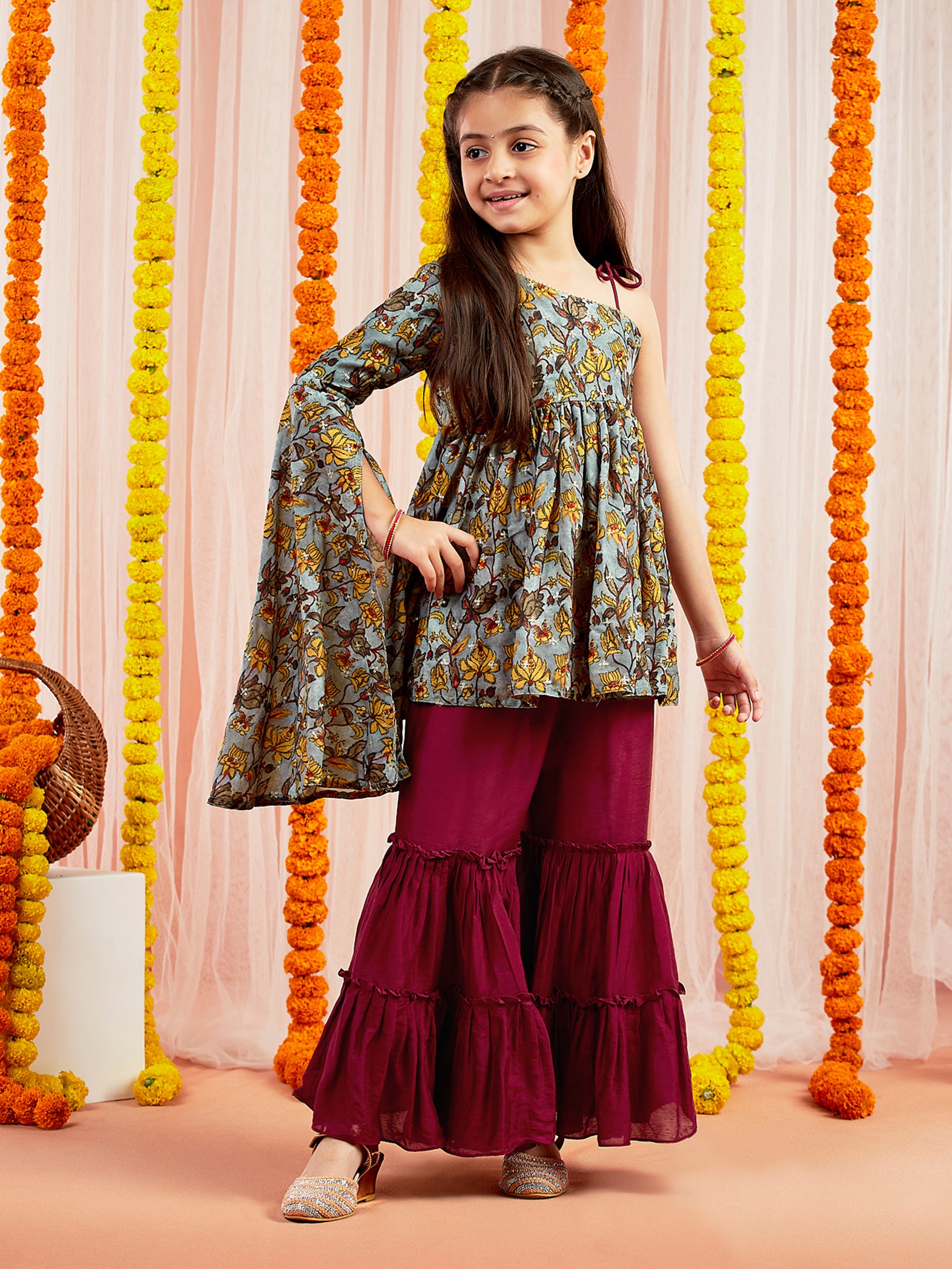 Girls' Grey Printed Tunic With Palazzo Set