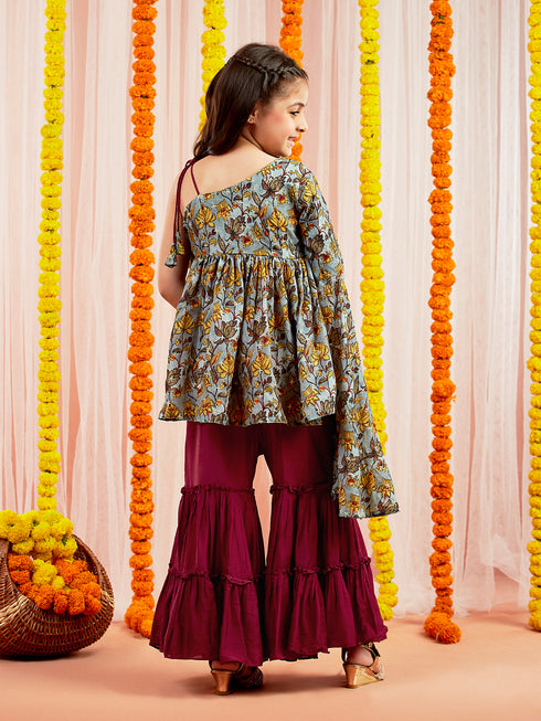 Girls' Grey Printed Tunic With Palazzo Set