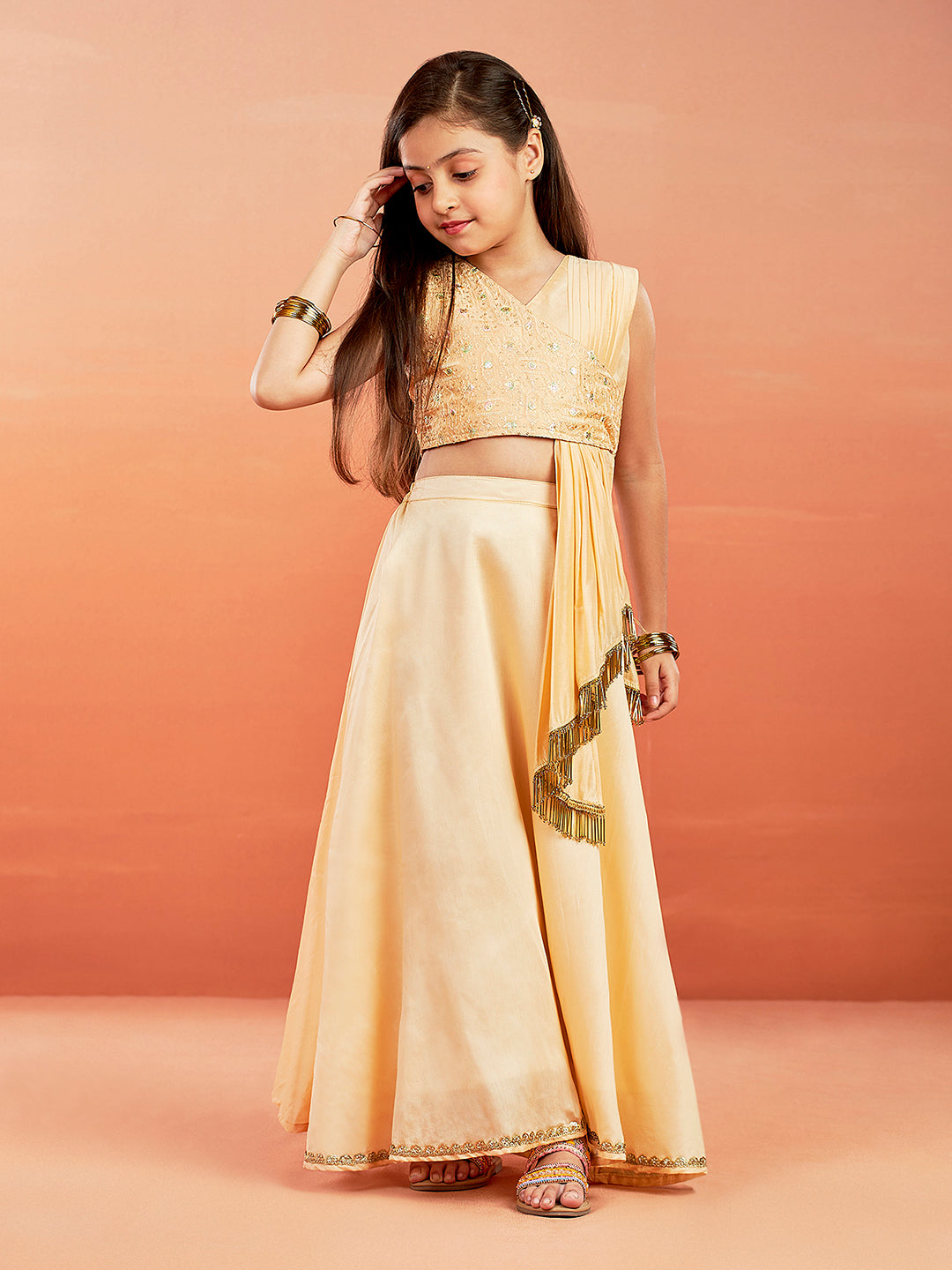 Girl's' Peach Embroidered Crop Top And Blended Skit With Attached Pleated Dupatta Set