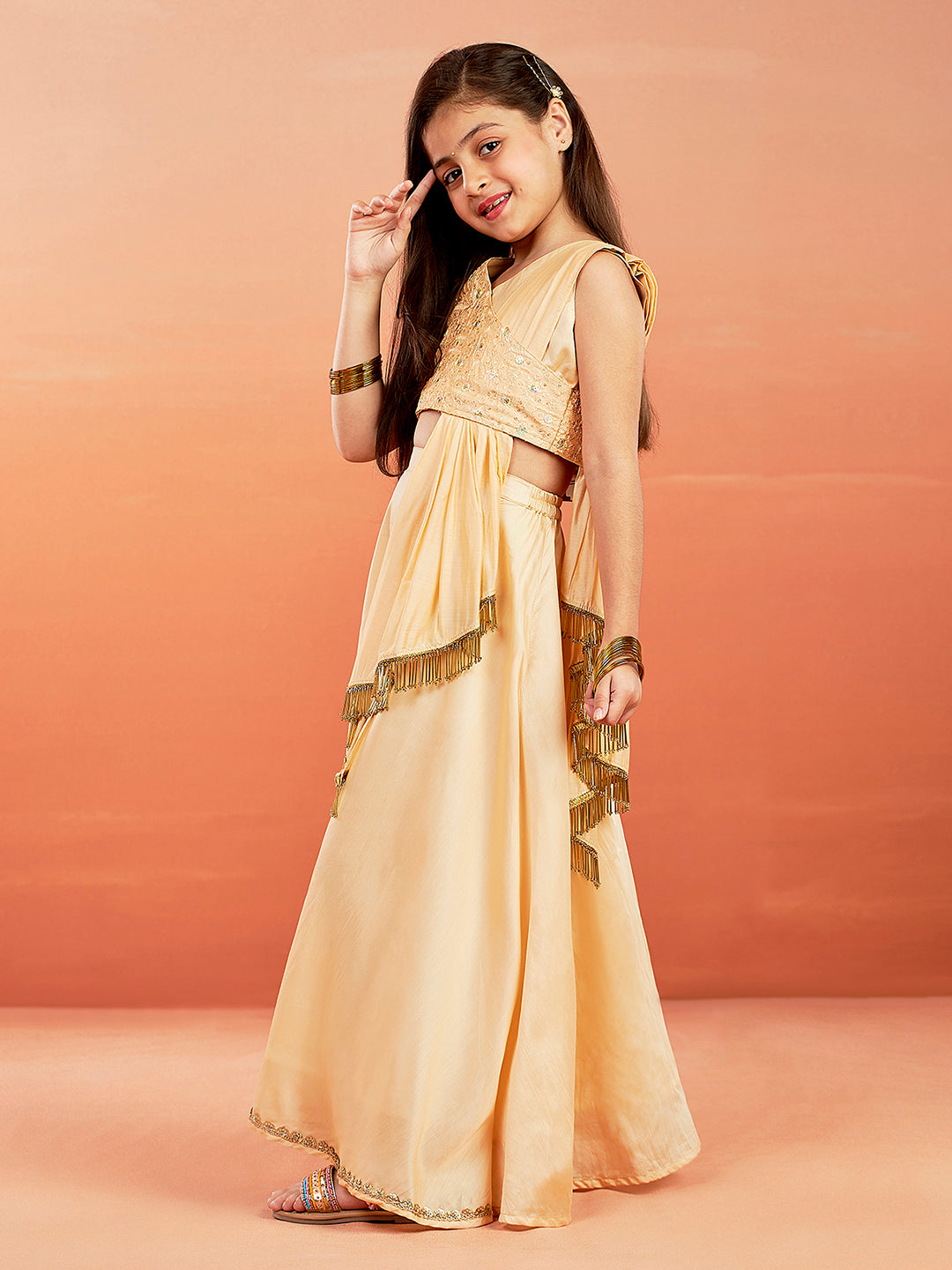 Girl's' Peach Embroidered Crop Top And Blended Skit With Attached Pleated Dupatta Set