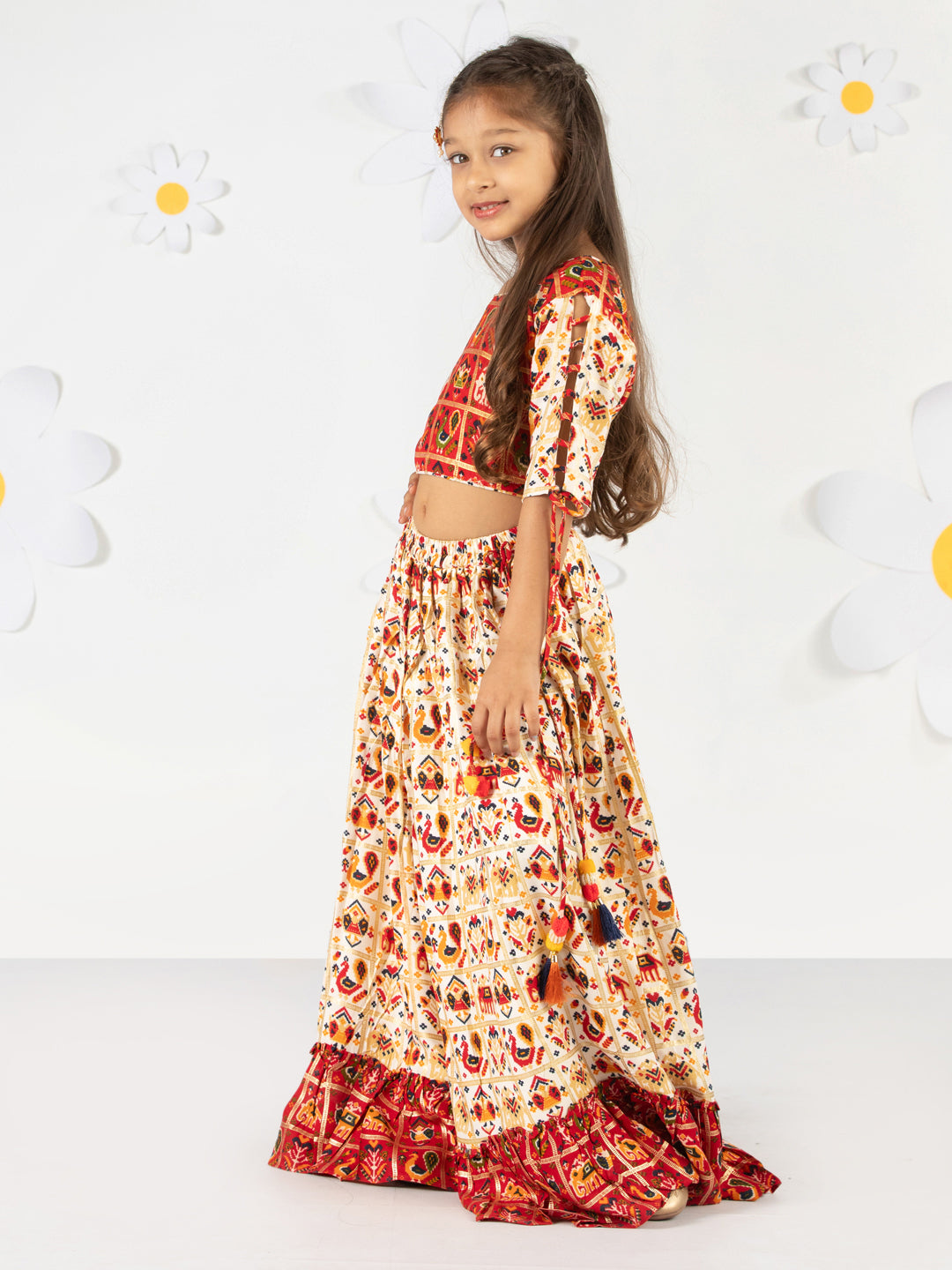 Girl's' Red And Cream Patola Print Lehenga Set