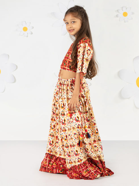 Girl's' Red And Cream Patola Print Lehenga Set