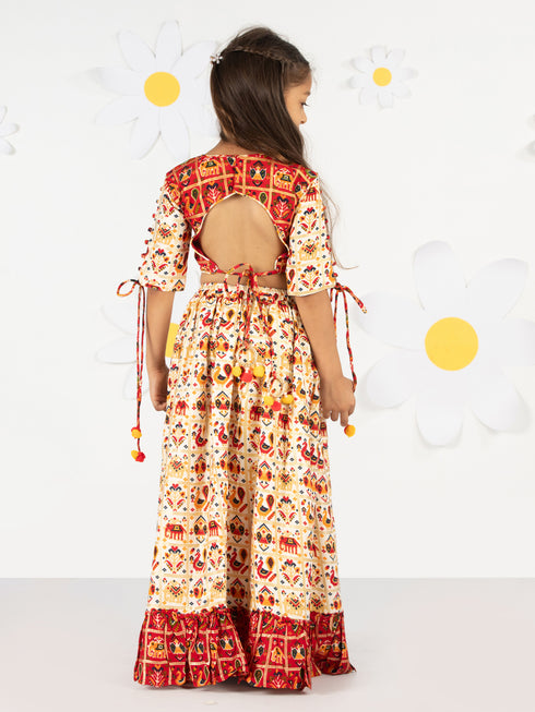 Girl's' Red And Cream Patola Print Lehenga Set