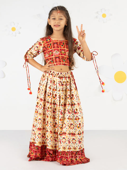 Girl's' Red And Cream Patola Print Lehenga Set
