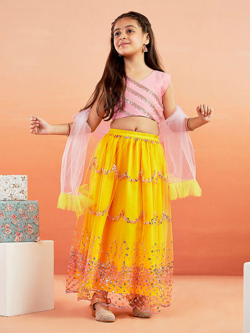 Girl's' Pink Crop Top And Yellow Net Lehenga With Ruffled Dupatta Set