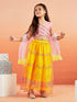 Girl's' Pink Crop Top And Yellow Net Lehenga With Ruffled Dupatta Set