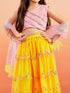 Girl's' Pink Crop Top And Yellow Net Lehenga With Ruffled Dupatta Set