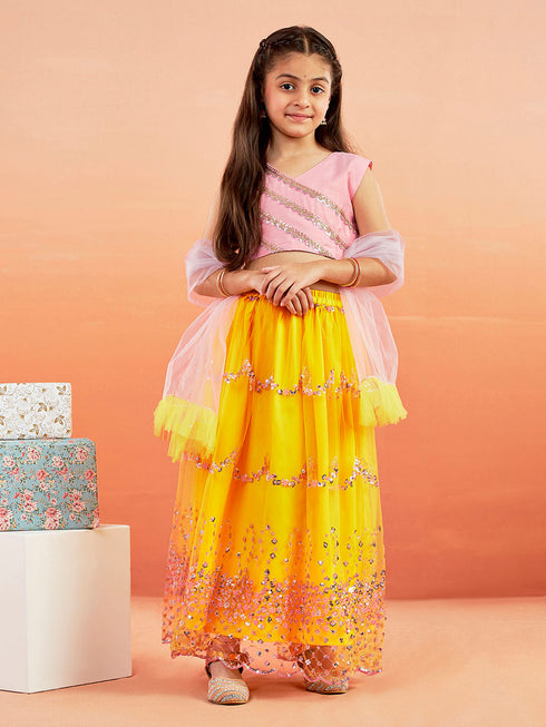 Girl's' Pink Crop Top And Yellow Net Lehenga With Ruffled Dupatta Set