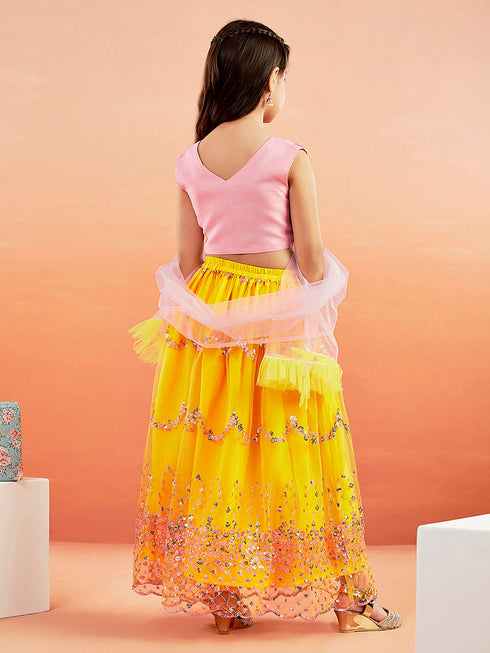 Girl's' Pink Crop Top And Yellow Net Lehenga With Ruffled Dupatta Set