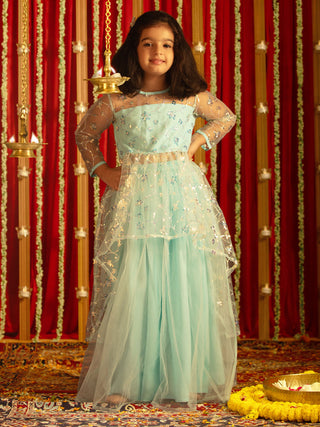VASTRAMAY Girls' Aqua Embroidered Anarkali Kurta With Long Skirt Set