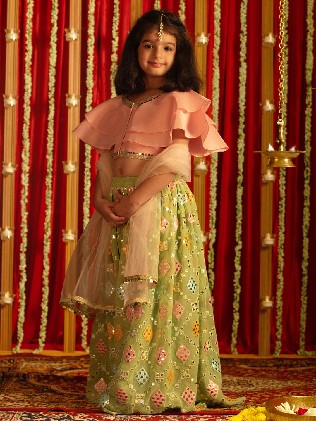 Girl's' Pink And Mint Green Georgette Lehenga Set