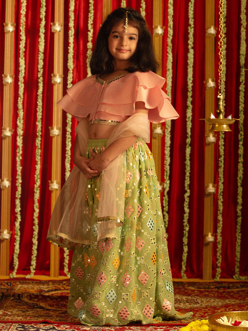Girl's' Pink And Mint Green Georgette Lehenga Set