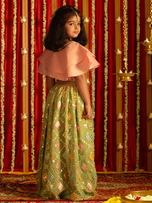 Girl's' Pink And Mint Green Georgette Lehenga Set
