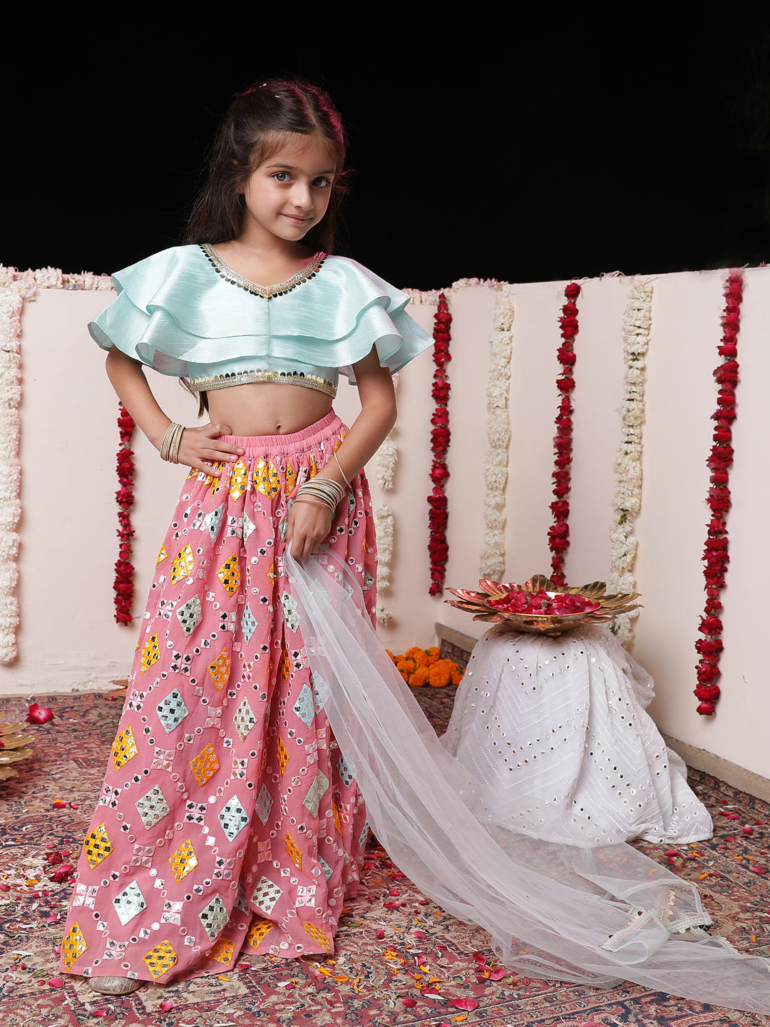 Girl's' Aqua And Pink Georgette Lehenga Set