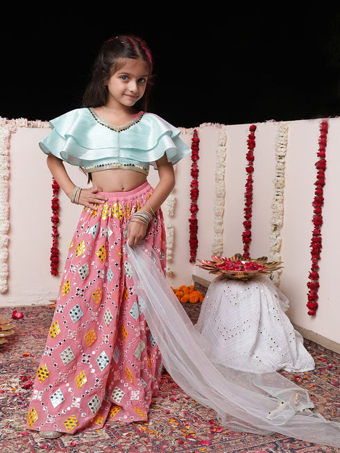Girl's' Aqua And Pink Georgette Lehenga Set