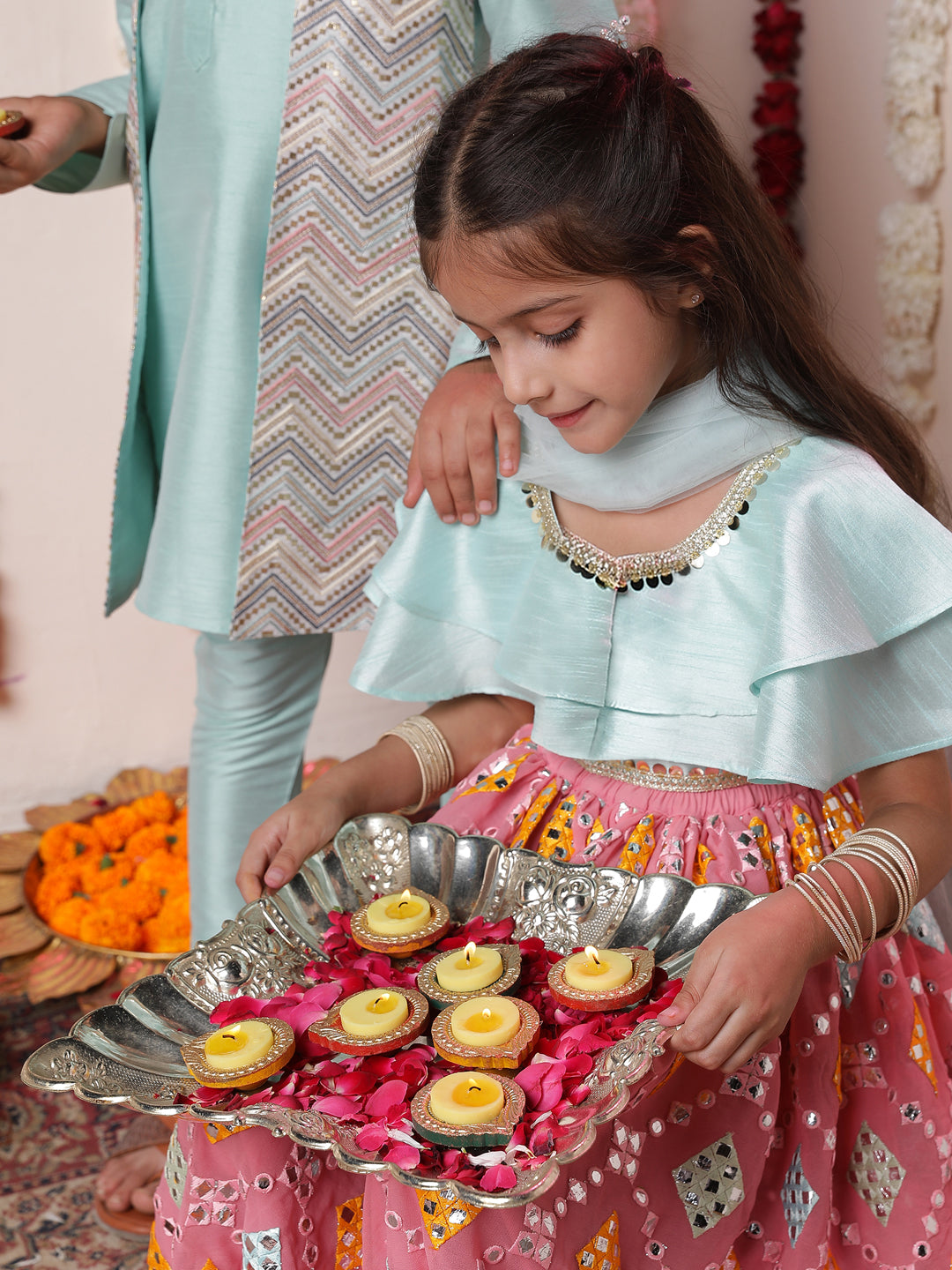 Girl's' Aqua And Pink Georgette Lehenga Set