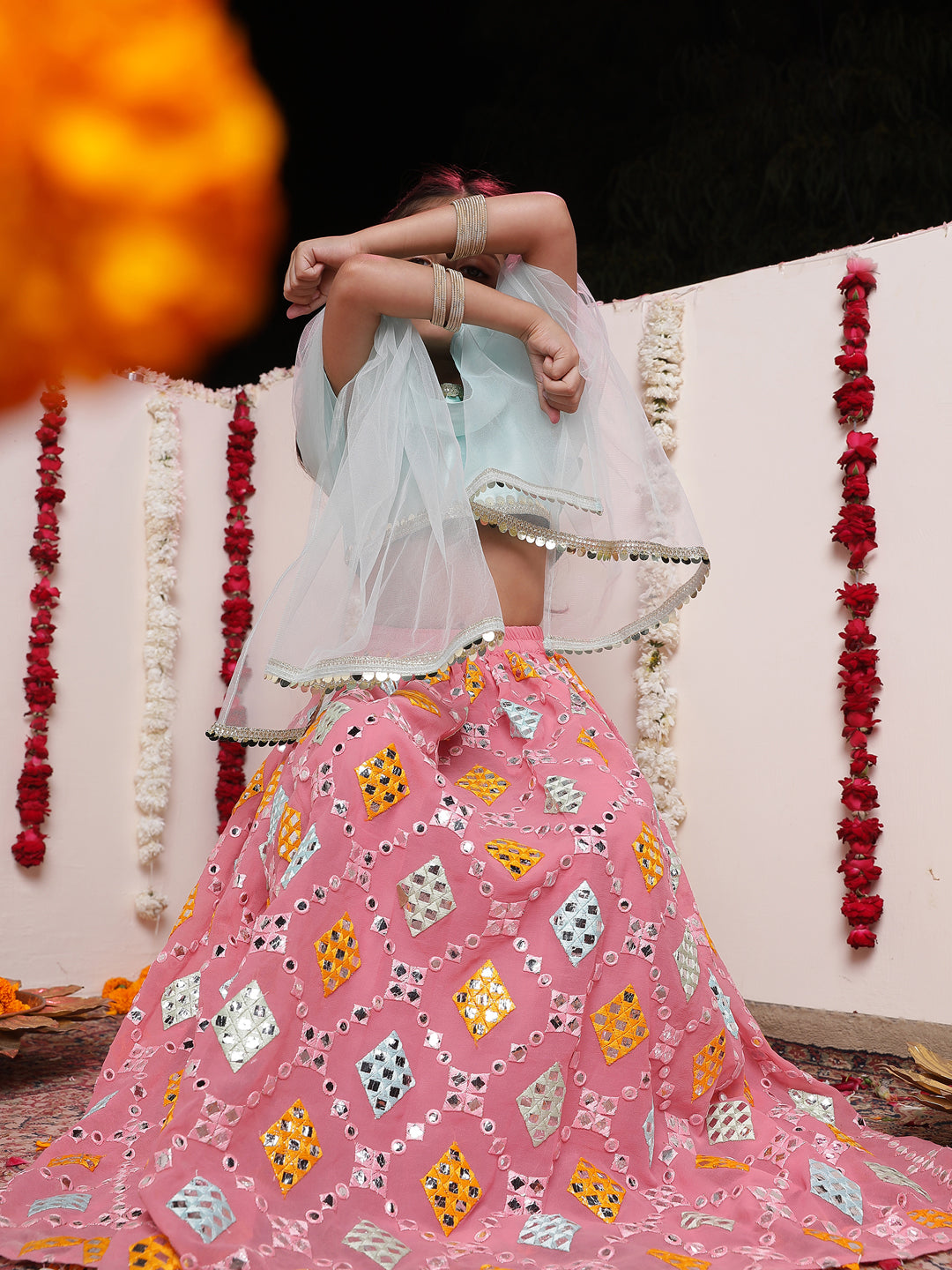 Girl's' Aqua And Pink Georgette Lehenga Set